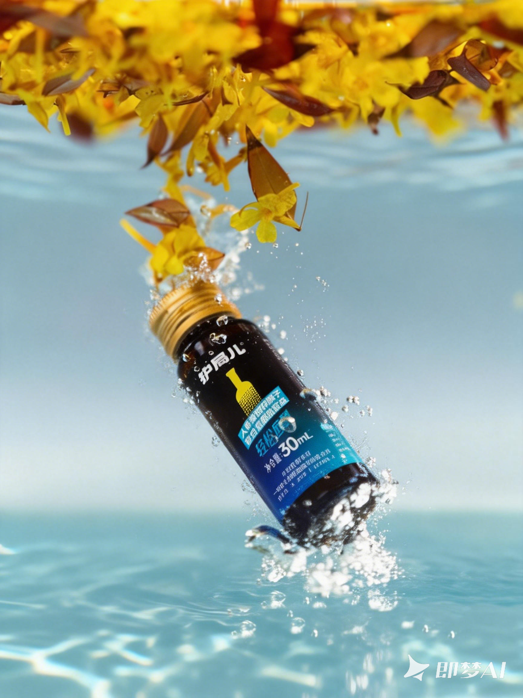 1775806290152538.png jimeng-2026-01-20-3913-将图二的产品瓶身无缝替换到图一的场景中,保留图一的水花四溅效果、黄色花朵和水面光....png